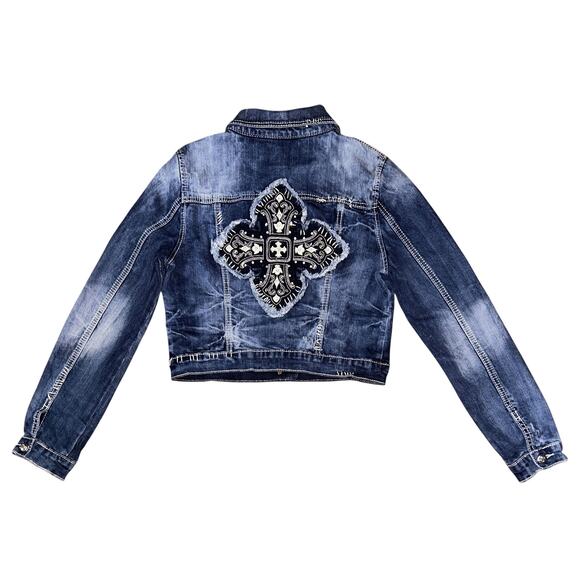 Miss Me Embellished Gothic Cross Cropped Denim Jacket Large - Picture 4 of 6